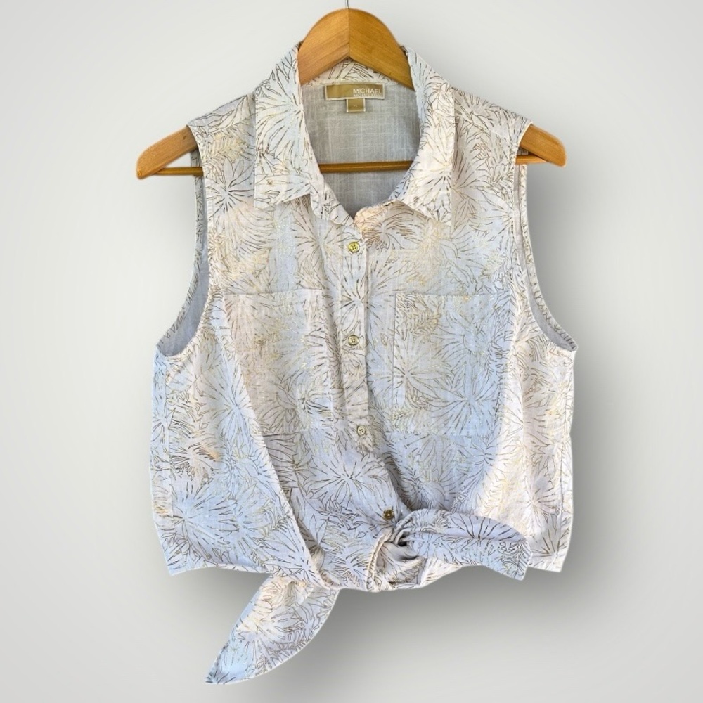 Sleeveless Tie-Front Floral Button-Up Top - White/Cream